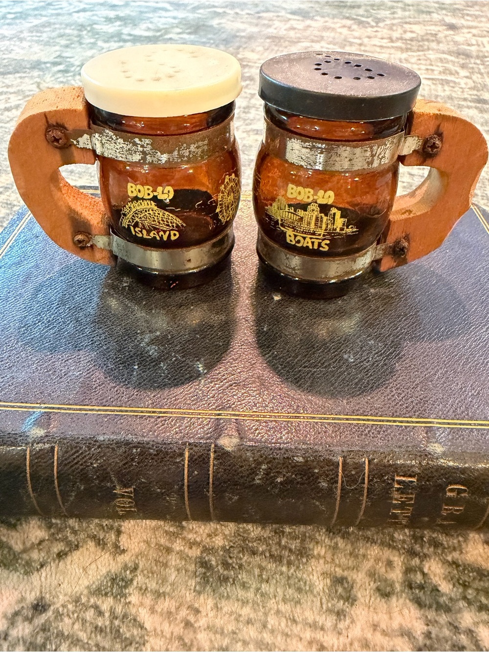 Vintage Amber Glass Salt and Pepper Shakers with Wooden Handles - Brown